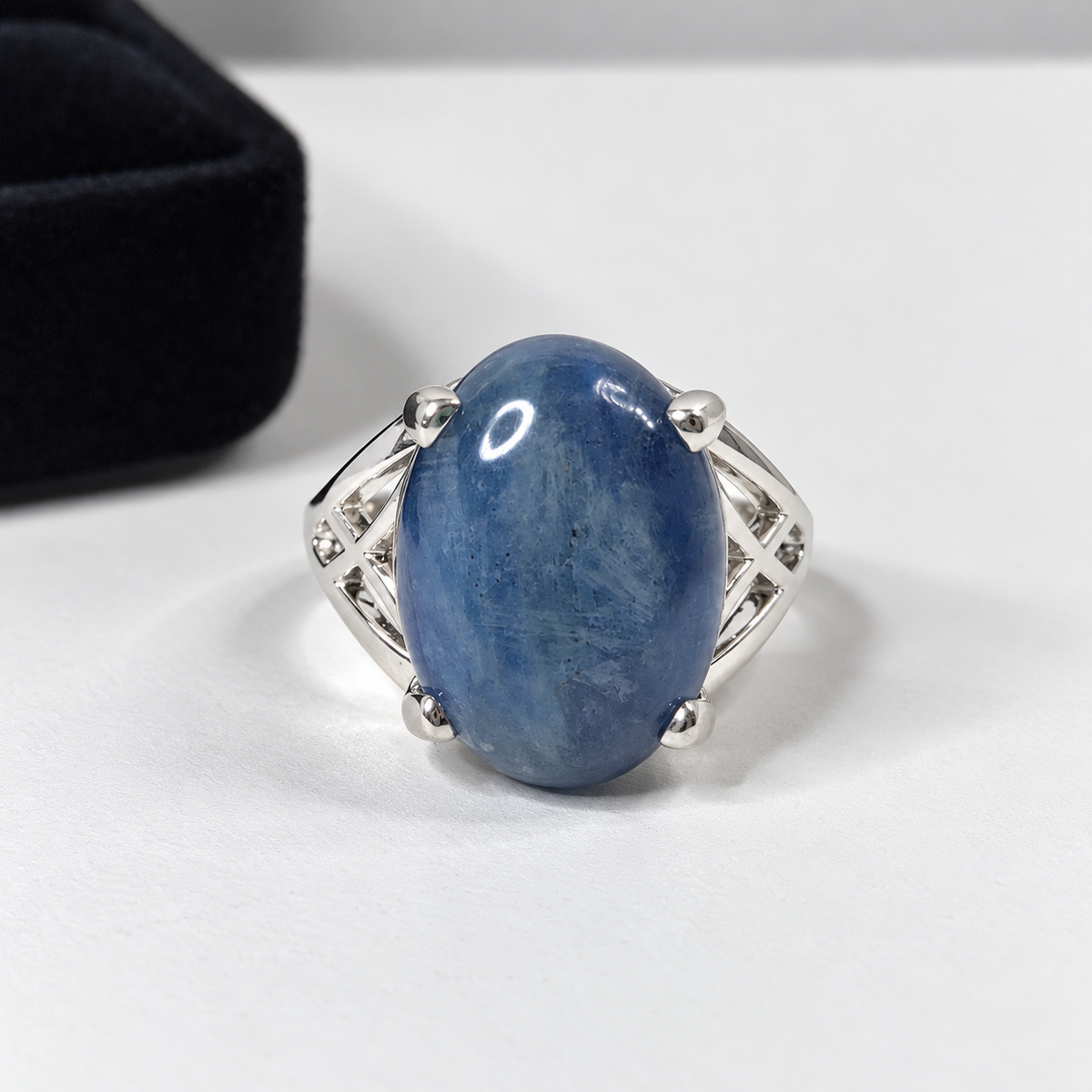 12ct Natural Blue Kyanite Ring – Oval Cabochon with Geometric Openwork Band