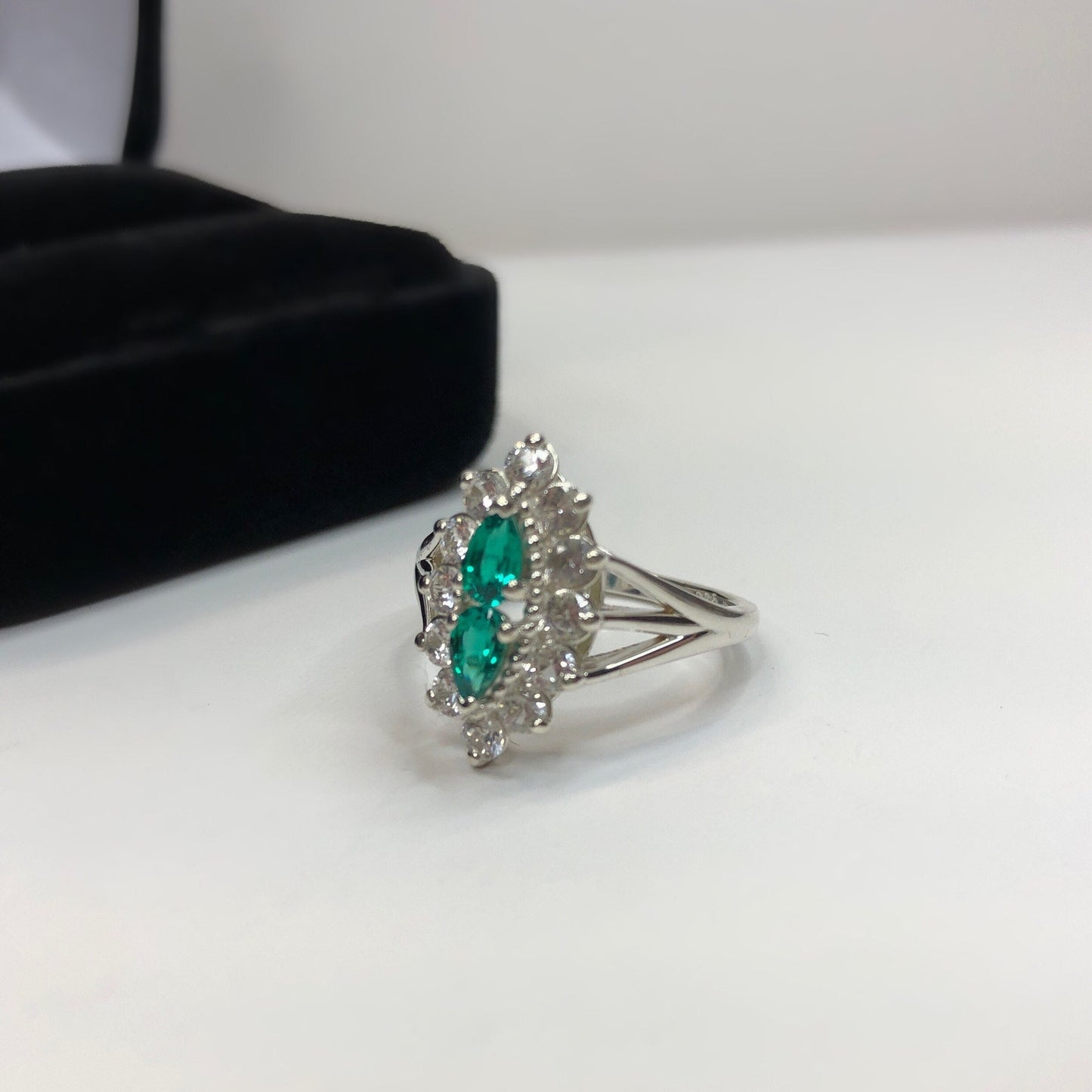 Gorgeous Antique Style 1.4ctw Emerald & White Sapphire Cluster Ring