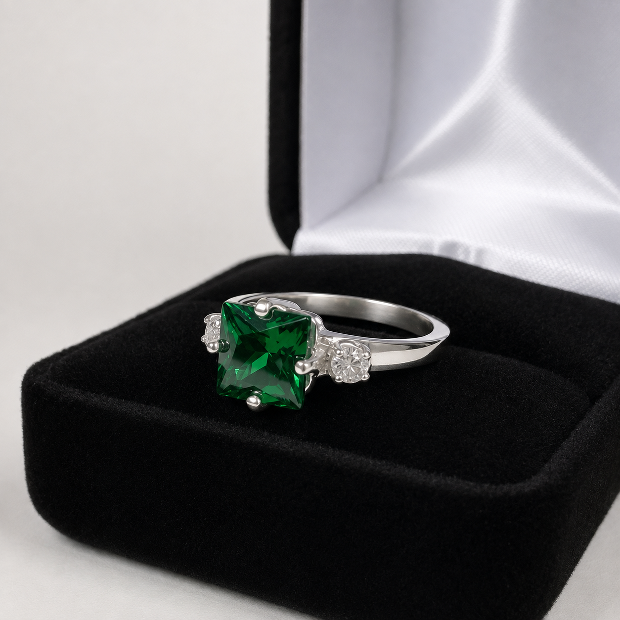 Princess Cut Simulated Emerald & White Sapphire Art Deco Ring