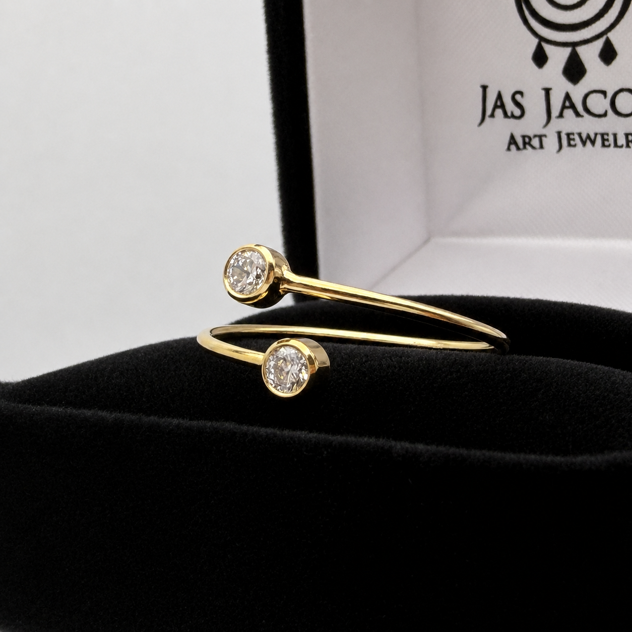 14K/20 Yellow Gold Filled Adjustable Cubic Zirconia Open Ring – Minimalist Double Bezel Set CZ Wrap Ring for Women