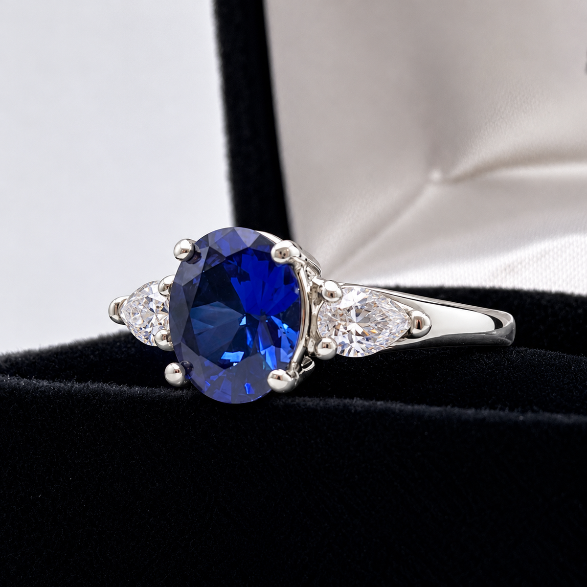 4.5ctw Oval Blue Sapphire & White Sapphire Three Stone Ring