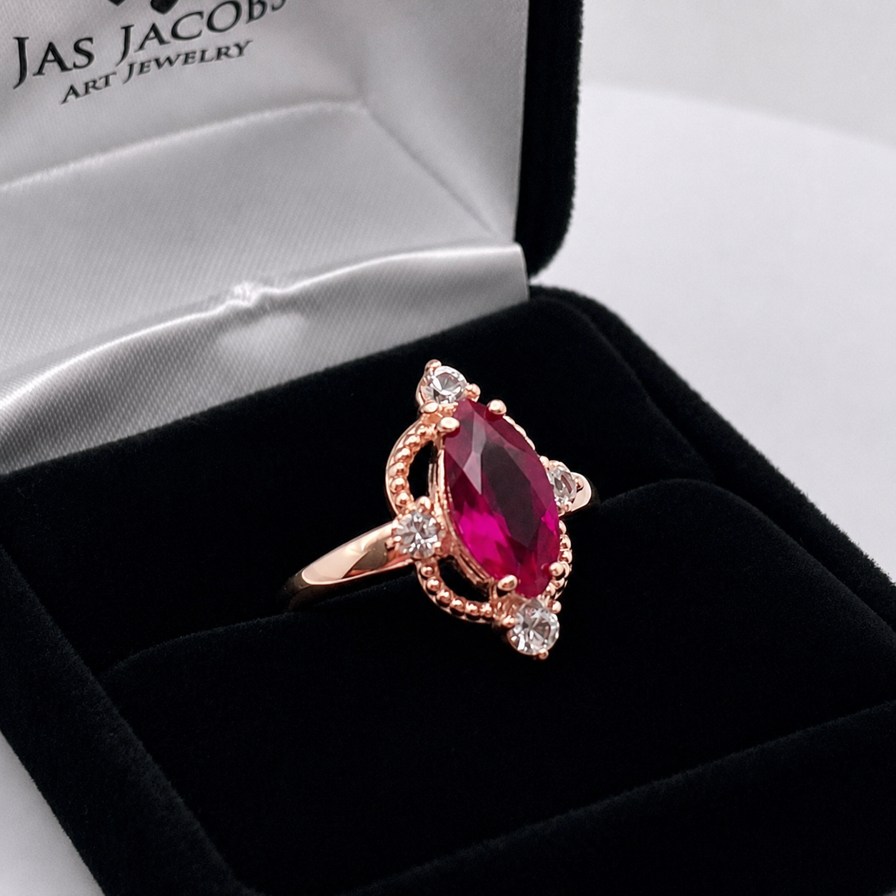 2.4ct Marquise Cut Ruby Ring with Diamond Accents | Vintage Inspired Sculptural Design
