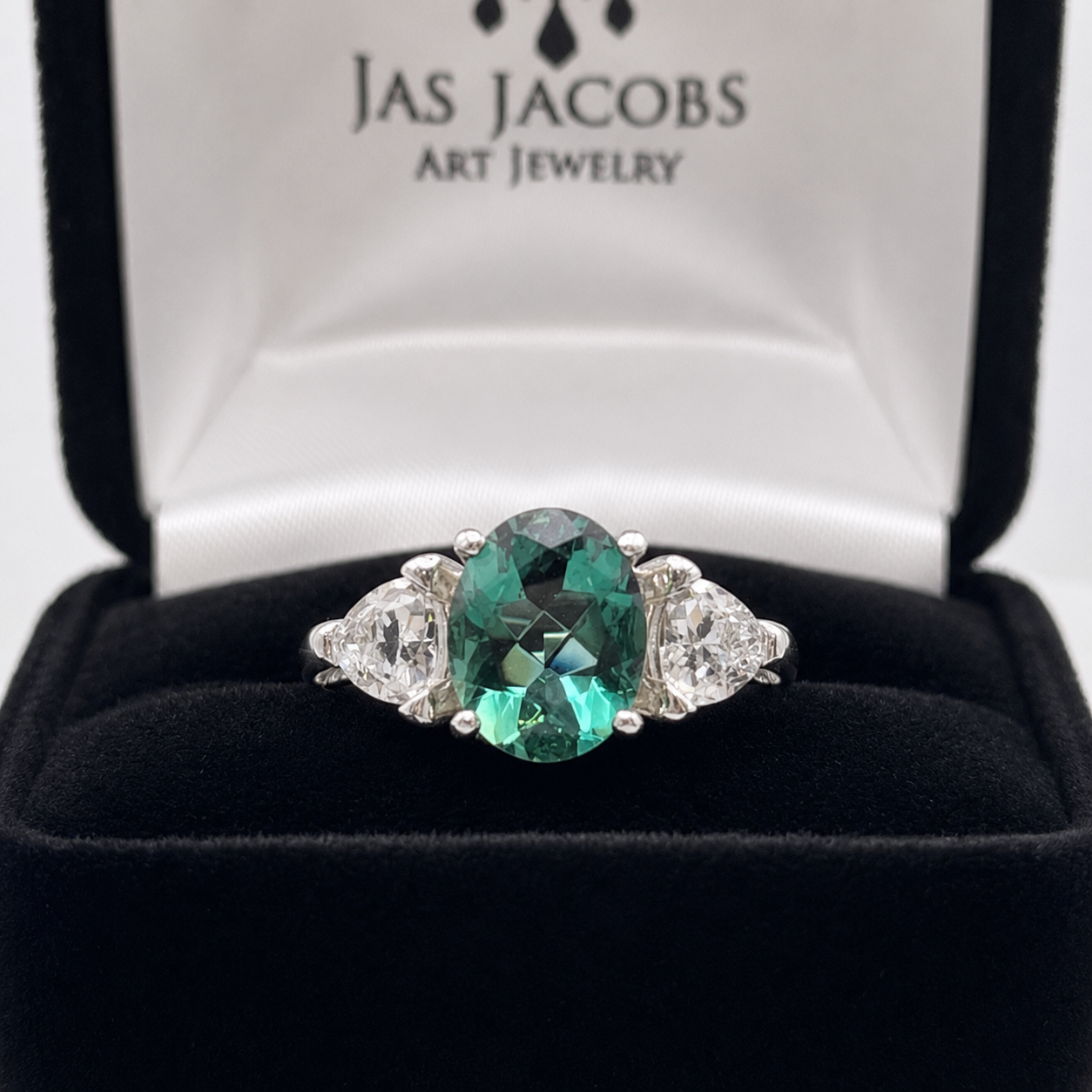 4ctw Oval Cut Green Quartz Ring & Trillion Cut White Sapphire
