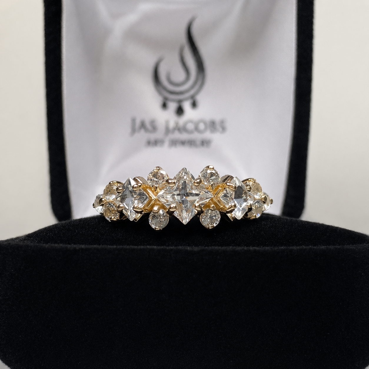 Art Deco Inspired Princess Cut White Sapphire and Diamond Three Stone Ring