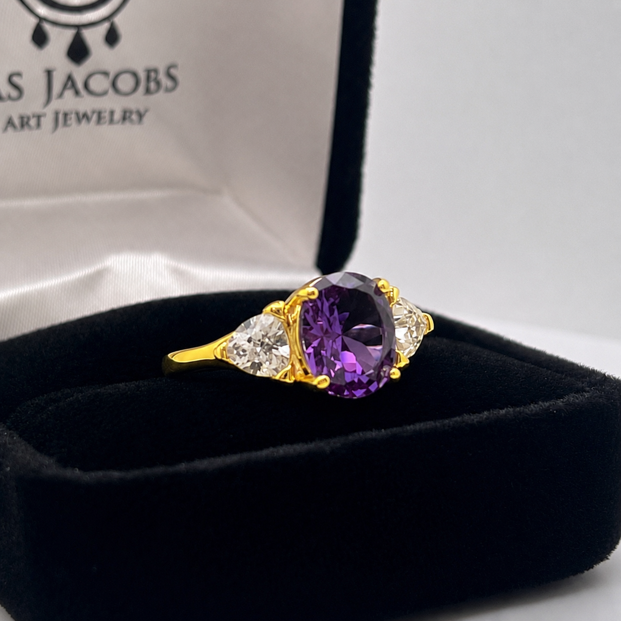 4ctw Color Change Alexandrite Sapphire Ring | Trillion White Sapphires | Three-Stone Ring
