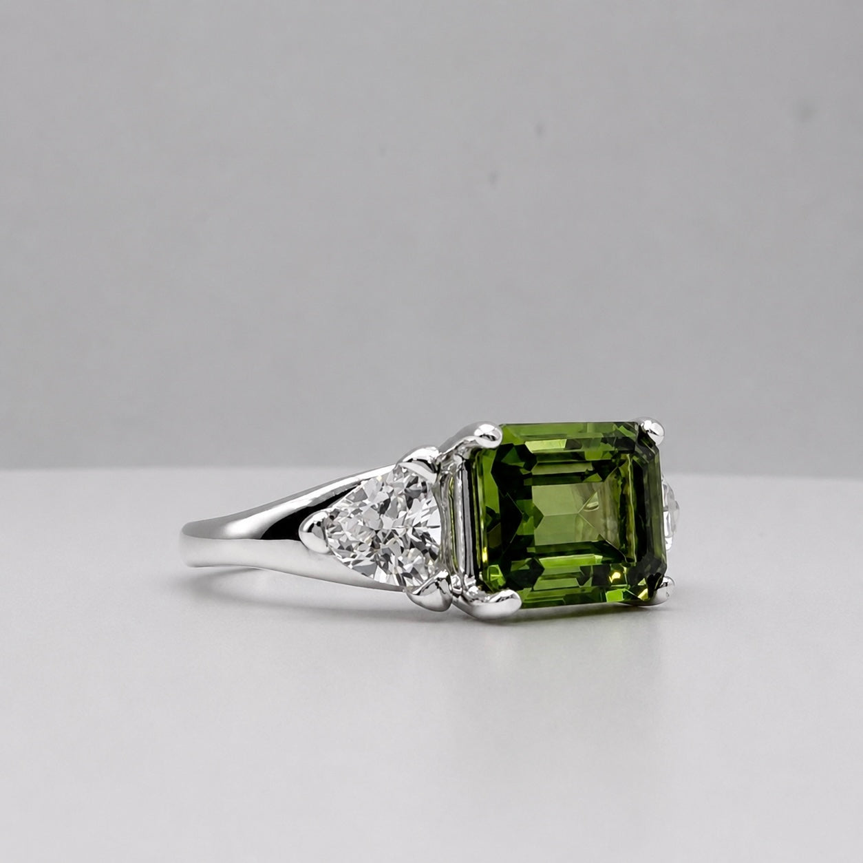 Emerald Cut Peridot & Trillion White Sapphire Art Deco Ring