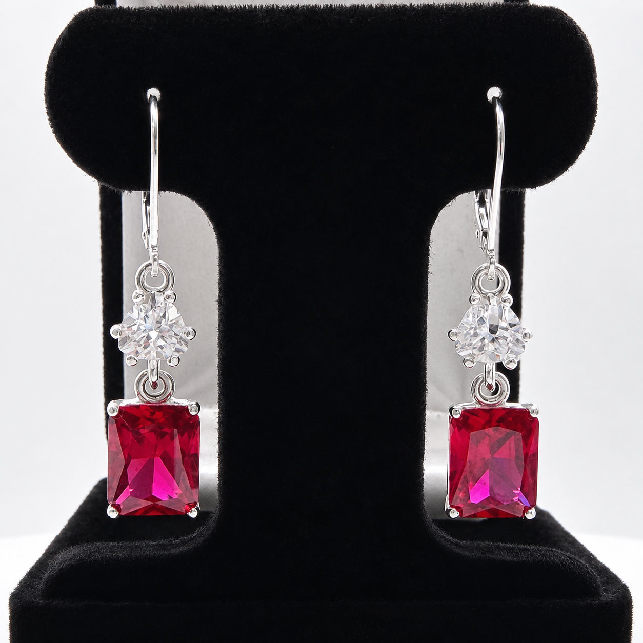 9ctw Emerald Cut Ruby & White Sapphire Dangle Earrings