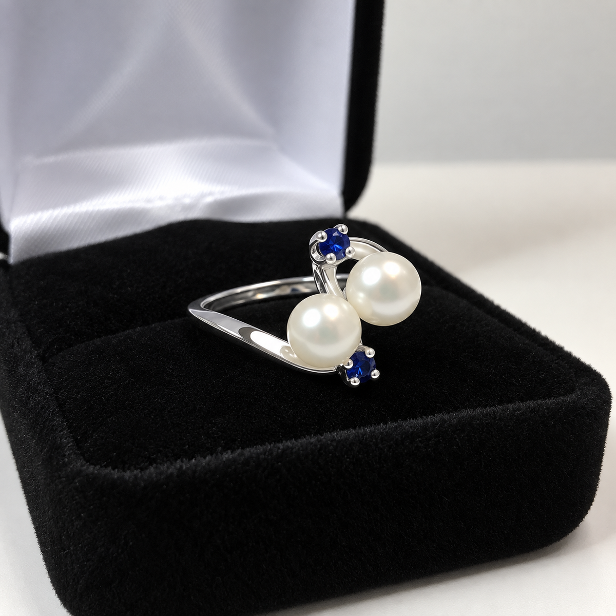 Twin Pearl & Blue Sapphire Ring