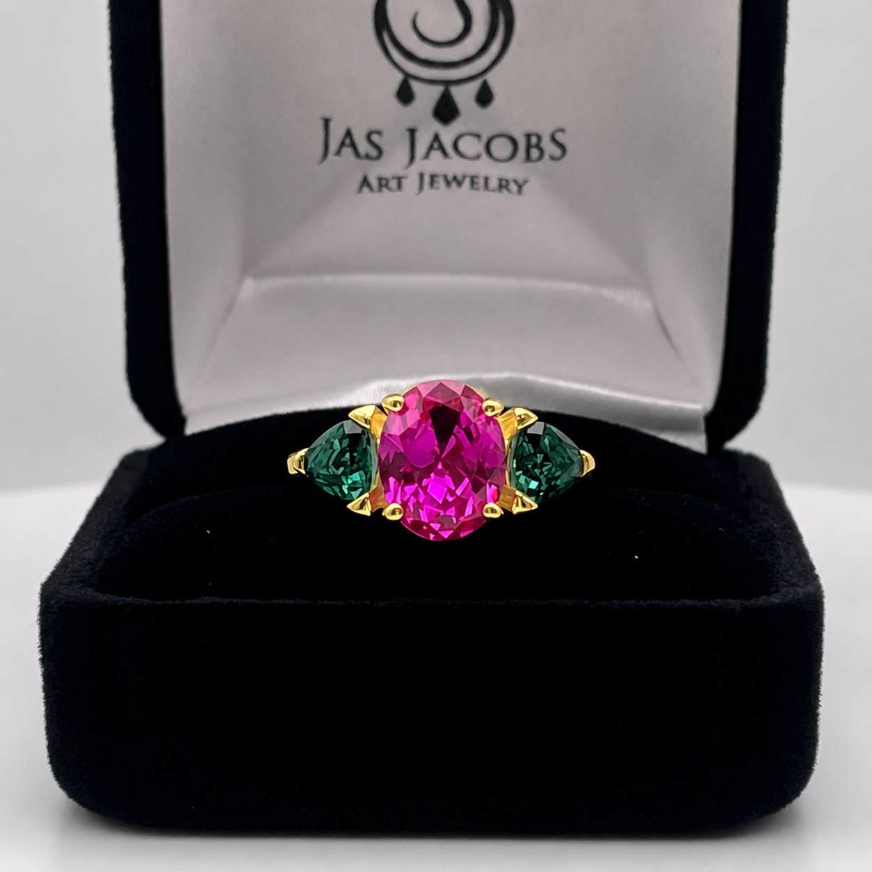 Watermelon Ring | 5CTW Oval Pink Sapphire Ring | Trillion Green Tourmaline Three Stone Ring