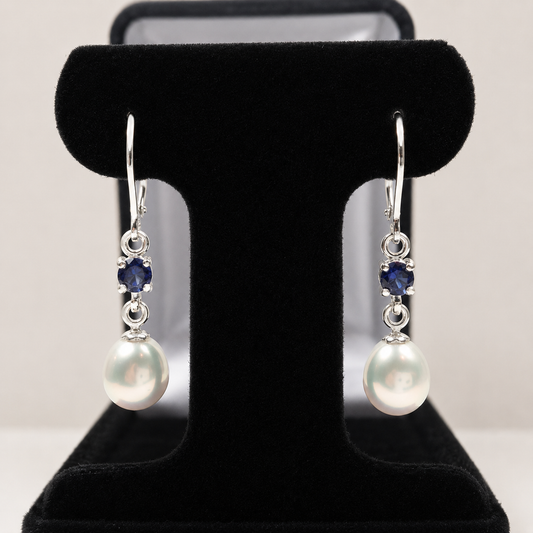 Freshwater Pearl & Blue Sapphire Drop Earrings