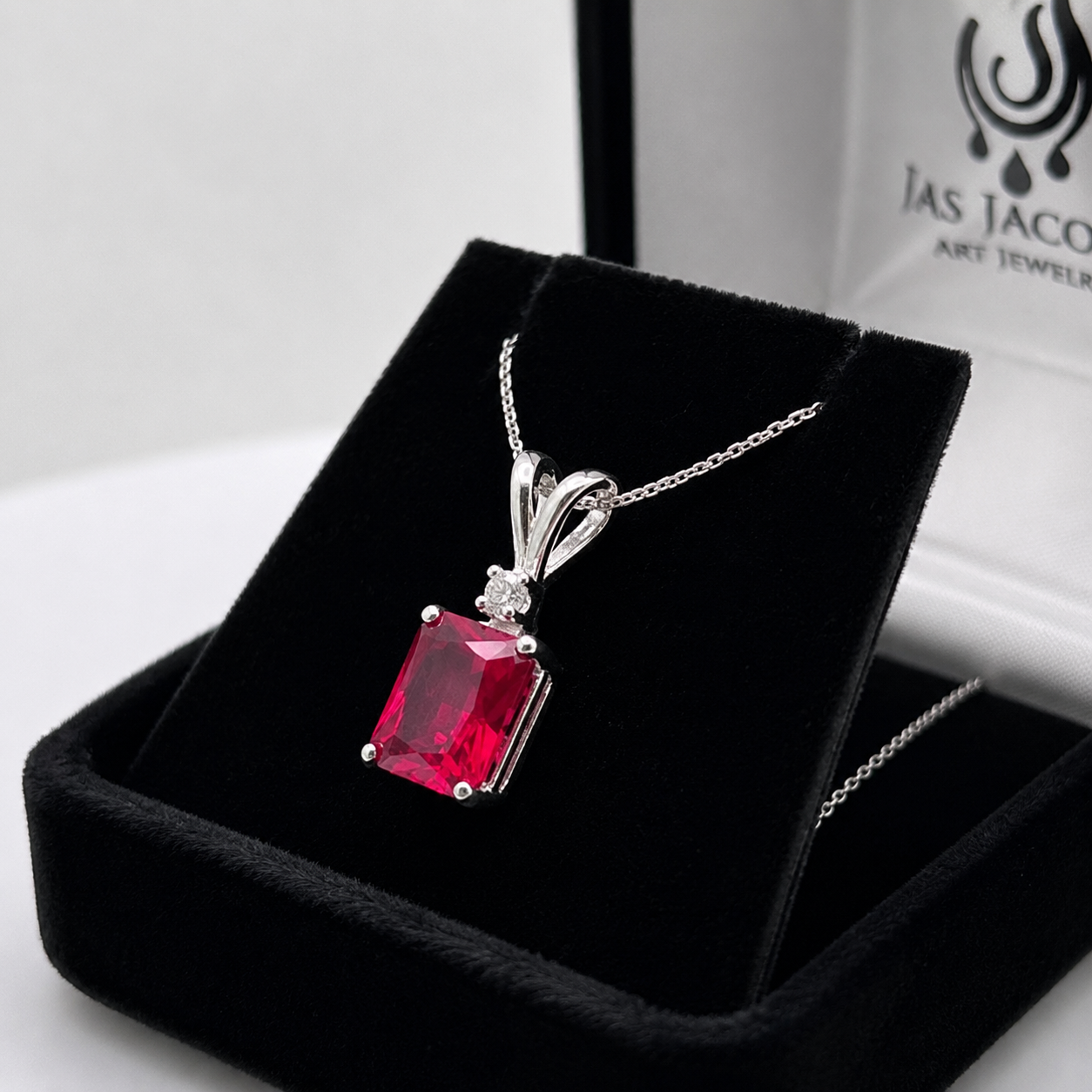 3CTW Emerald Cut Ruby Pendant Necklace | Diamond Accent