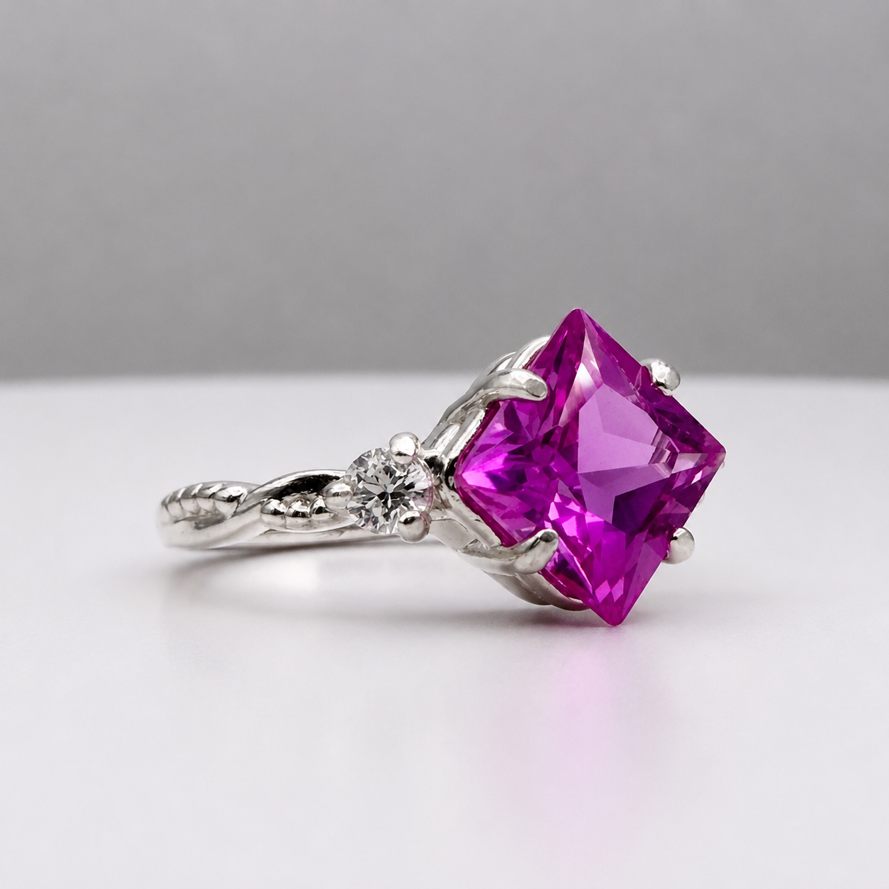 Princess Cut Pink Sapphire & Diamond Ring | Vintage-Inspired Ring | Made and Sized to Order in Sterling Silver & 10K or 14K Gold