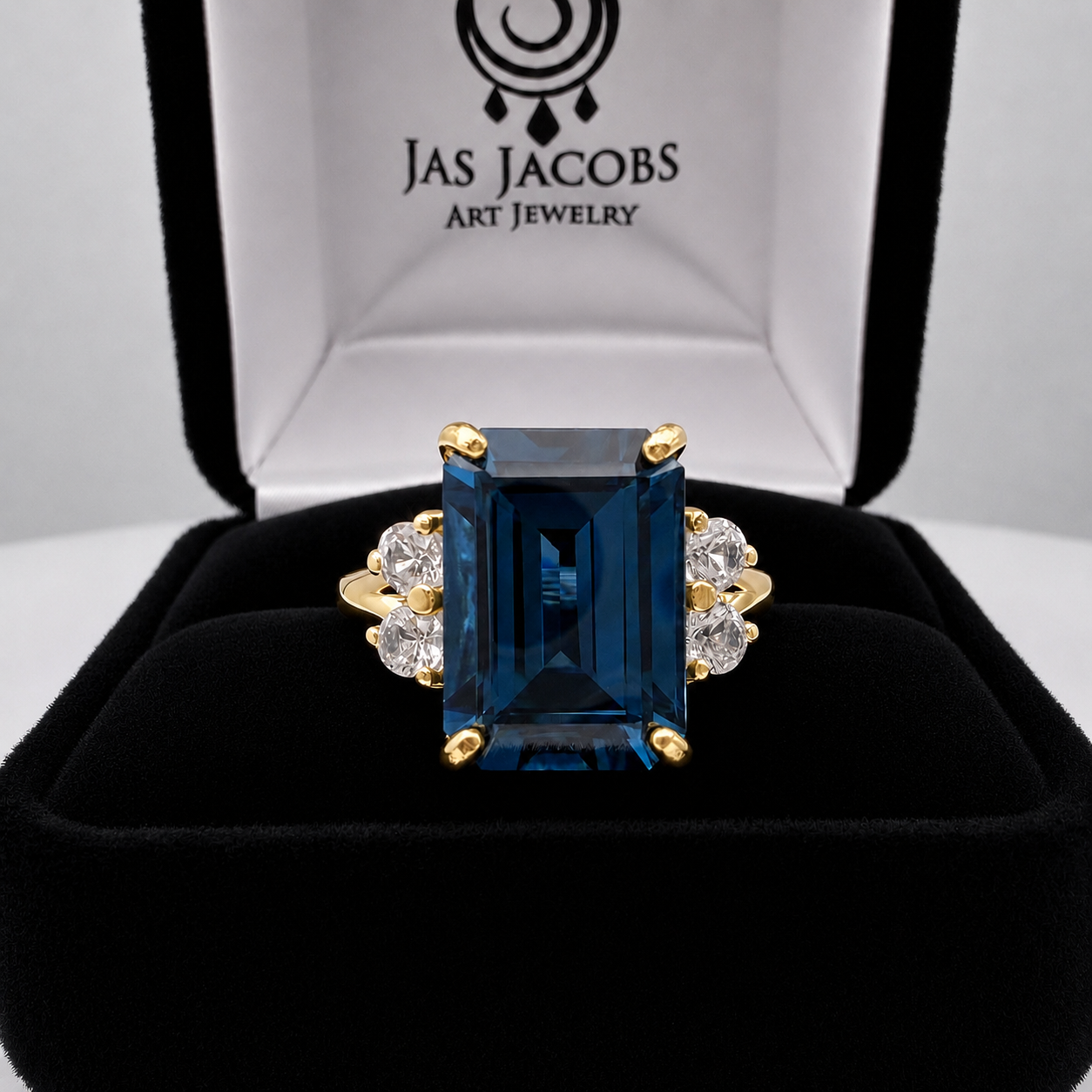 7ct Emerald Cut London Blue Spinel and White Topaz Ring | Split Shank Cathedral Ring | 10k or 14k Gold