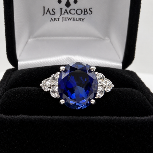 6.78ctw Oval Blue Sapphire & White Sapphire Cluster Statement Ring