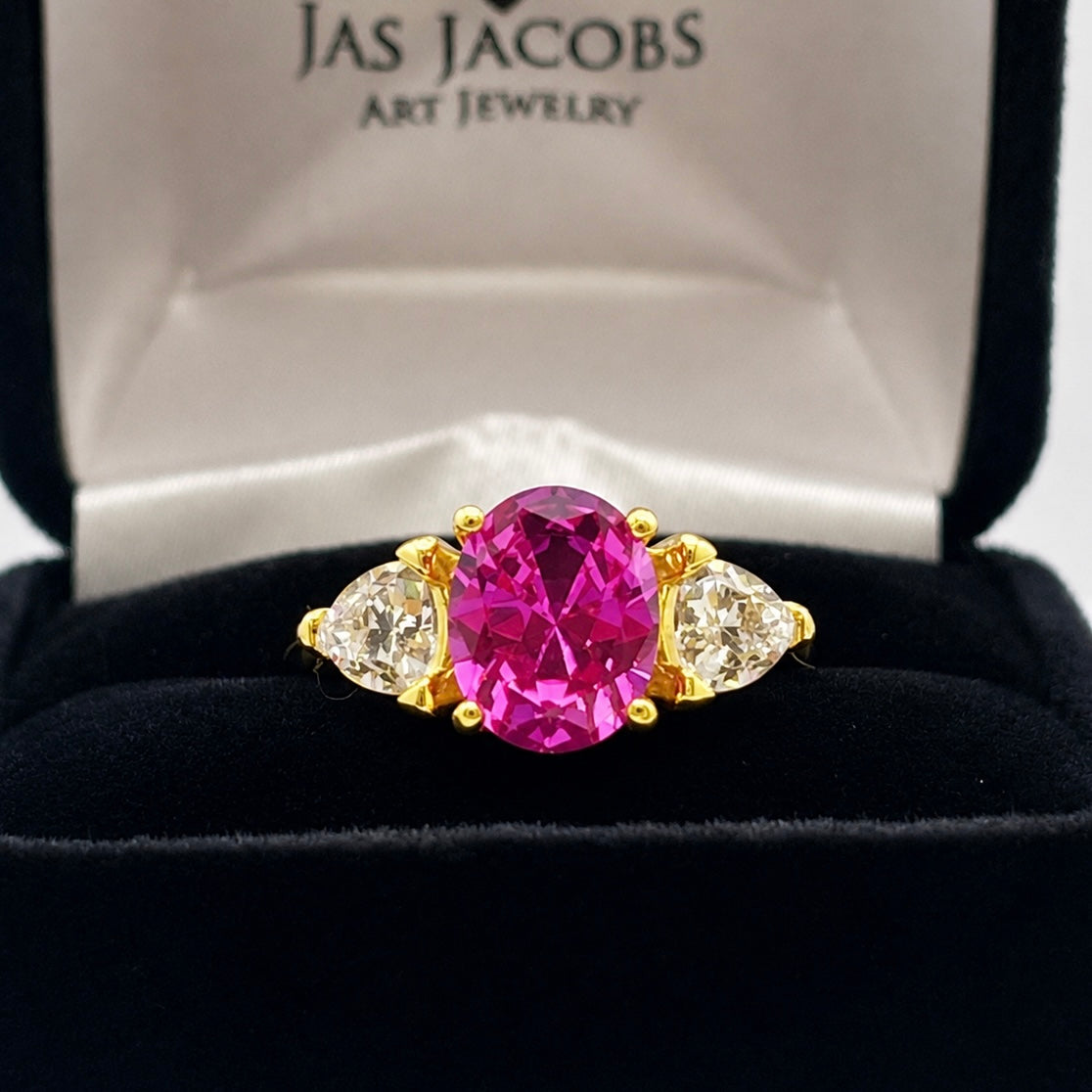 4ctw Bright Pink Sapphire Ring | White Sapphire Trillions | Three-Stone