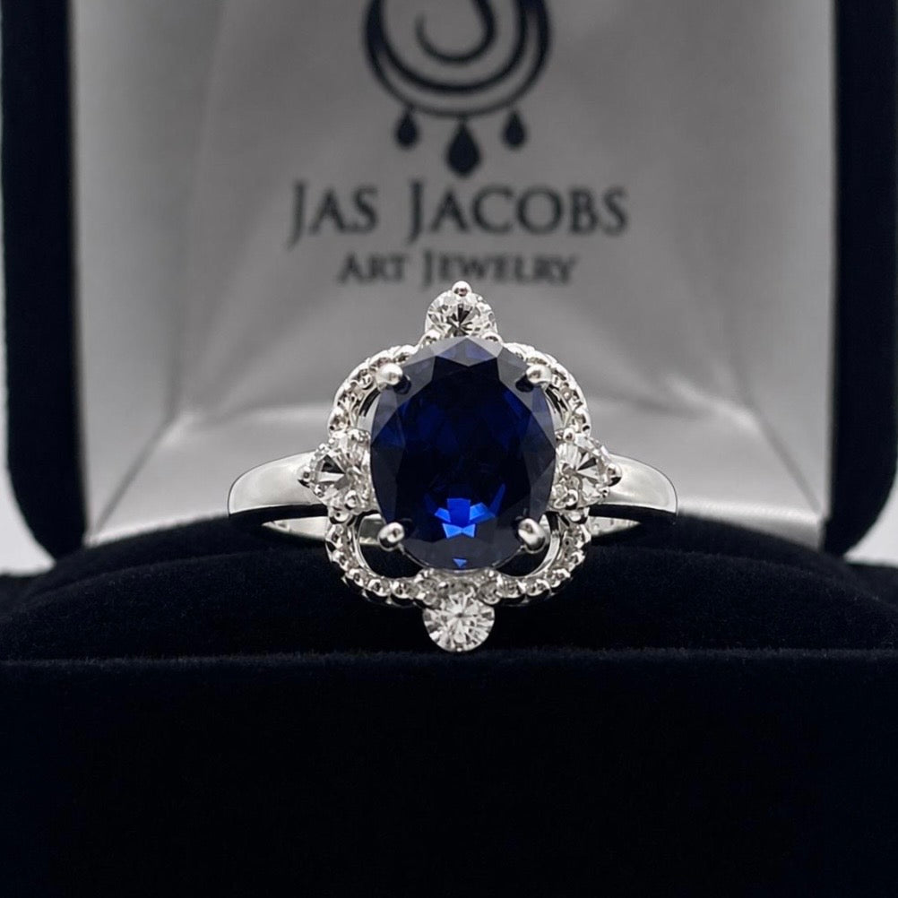 3ct Oval Blue Sapphire & Diamond Vintage-Inspired Ring