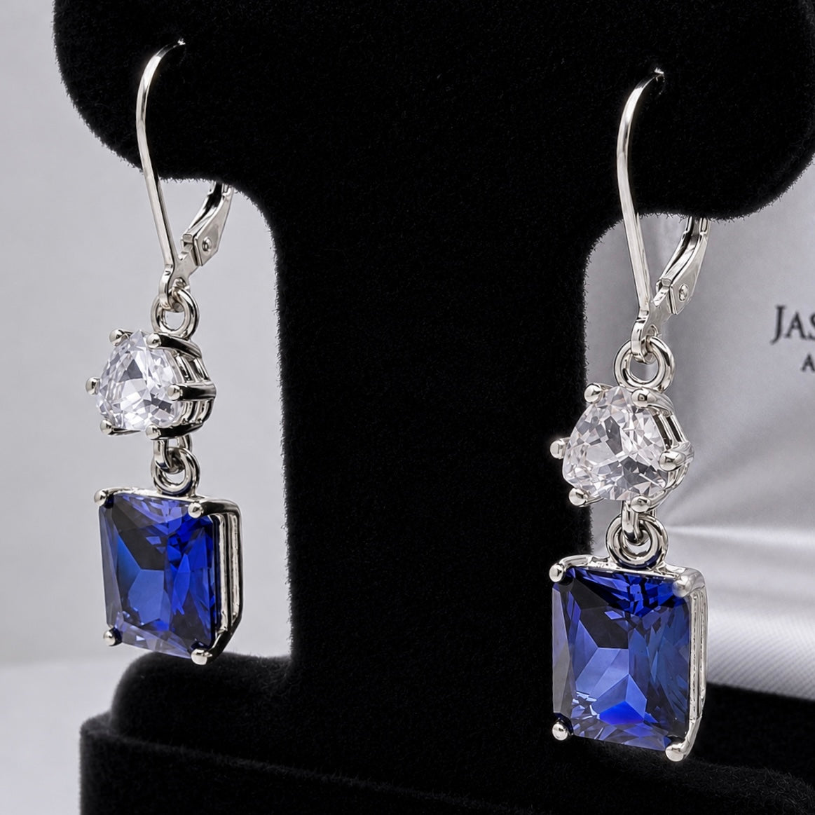 9ctw Emerald Cut Blue Sapphire & White Sapphire Dangle Earrings