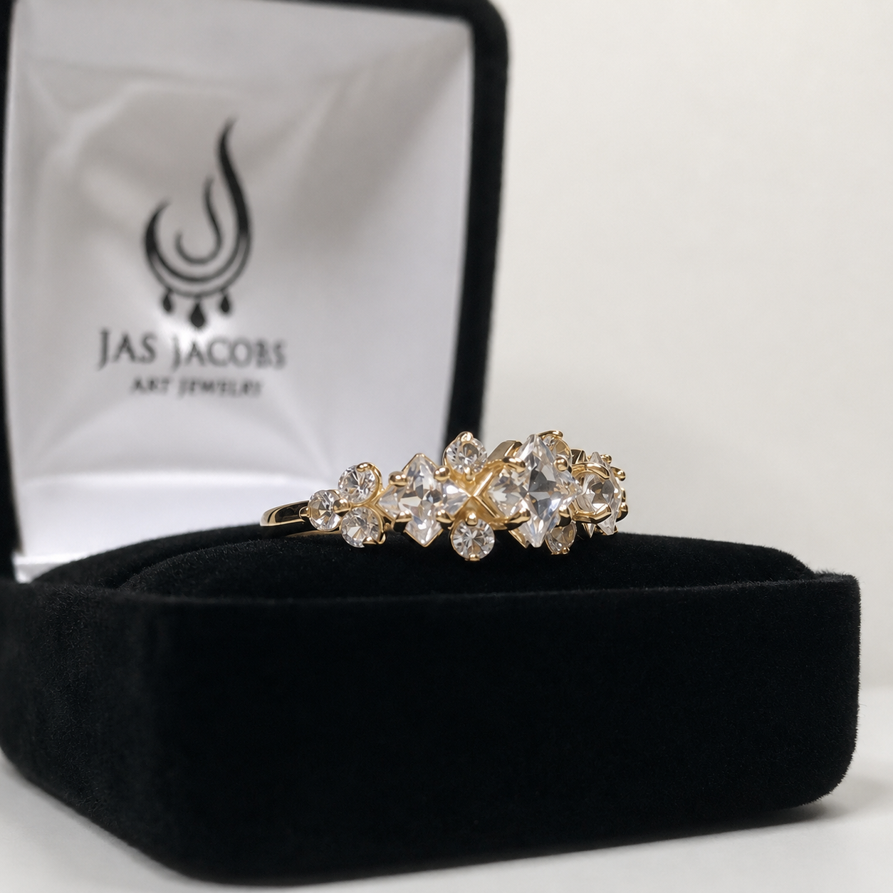 Art Deco Inspired Princess Cut White Sapphire and Diamond Three Stone Ring