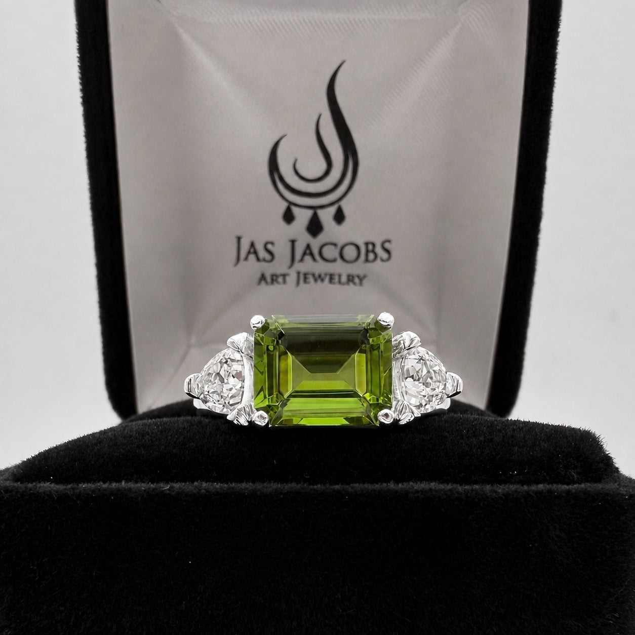Emerald Cut Peridot & Trillion White Sapphire Art Deco Ring