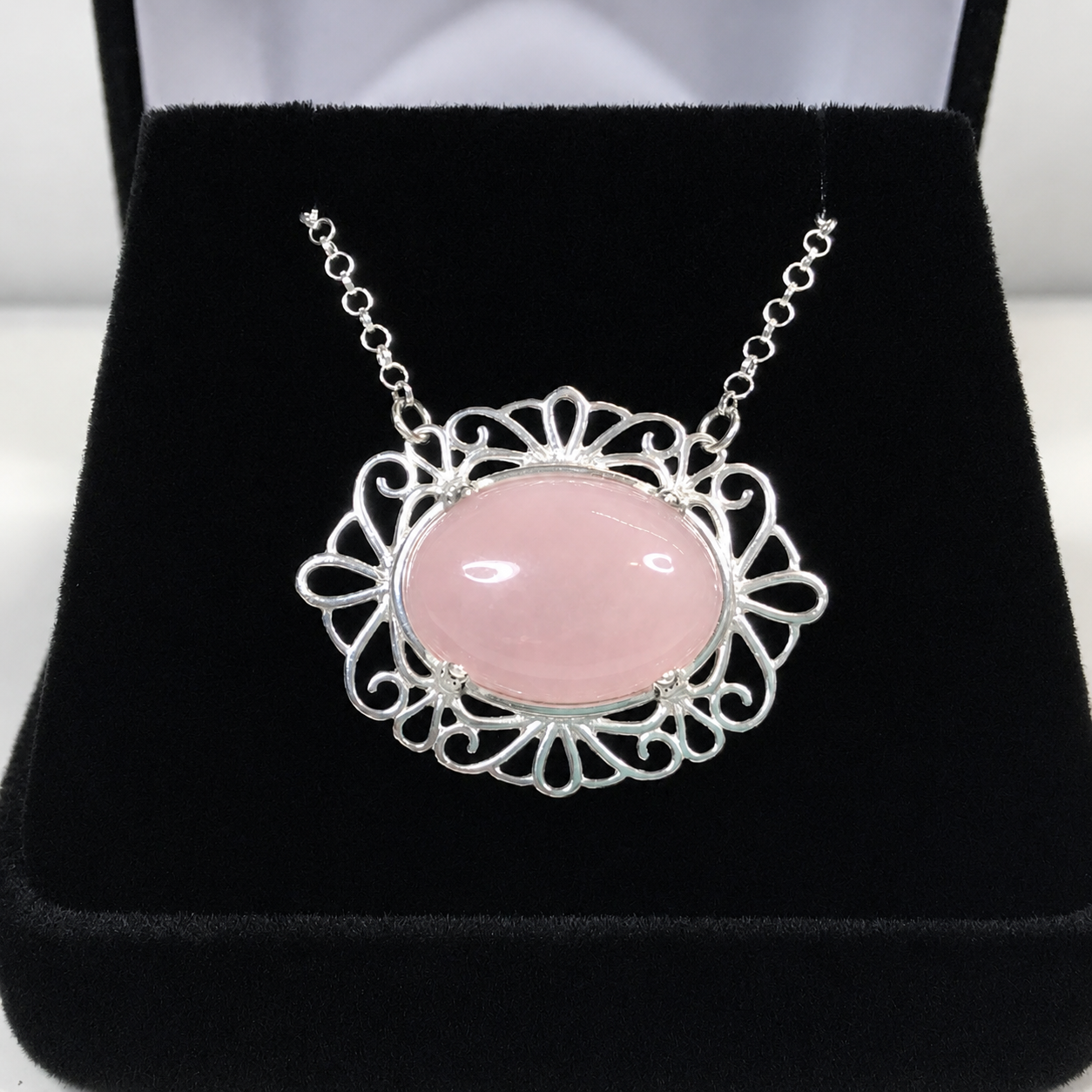 9CT Oval Cabochon Rose Quartz Festoon Pendant Necklace | Sterling Silver