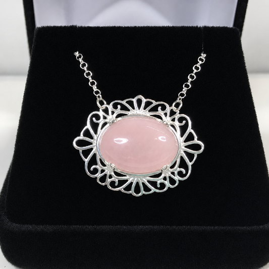9CT Oval Cabochon Rose Quartz Festoon Pendant Necklace | Sterling Silver