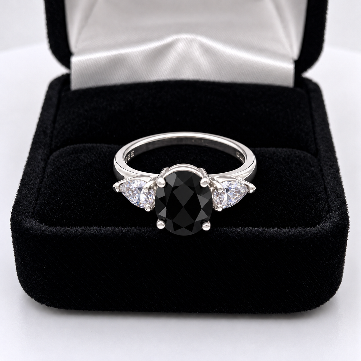 Oval Cut Faceted Black Onyx & White Sapphire Ring