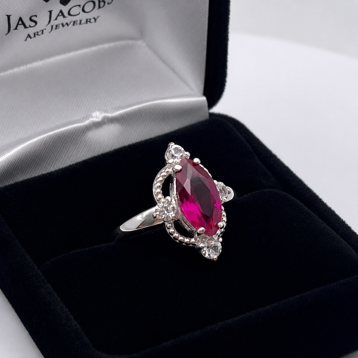 2.4ct Marquise Cut Ruby Ring with Diamond Accents | Vintage Inspired Sculptural Design