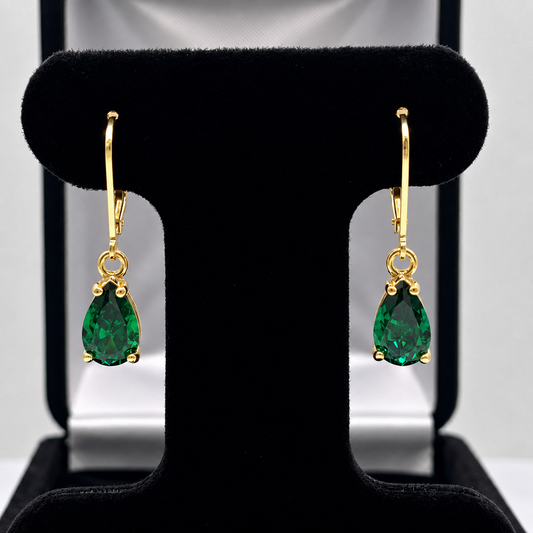 3ctw Pear Cut Emerald Drop Earrings | Solid Gold