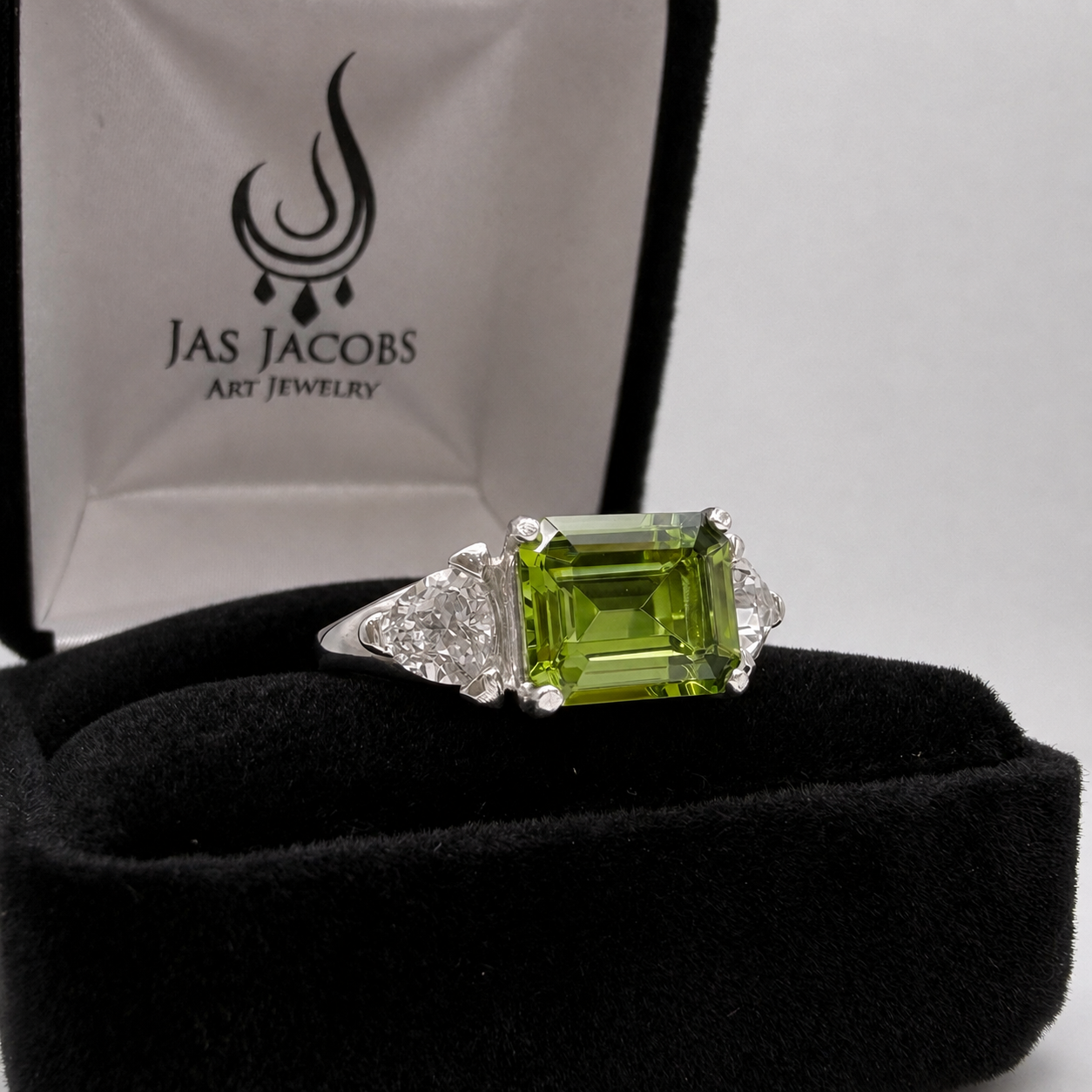 Emerald Cut Peridot & Trillion White Sapphire Art Deco Ring