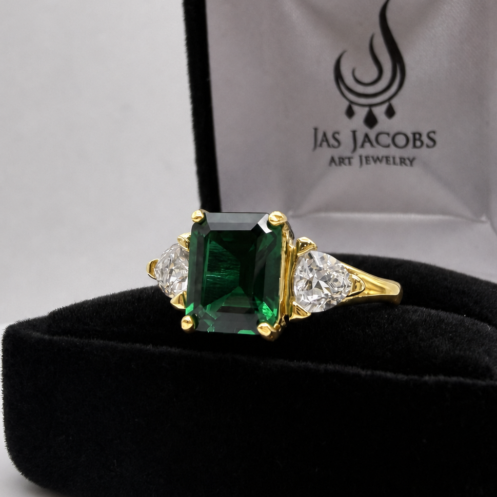 4.5CTW Emerald Cut Lab Emerald Ring | Trillion White Sapphire Three Stone Ring