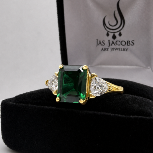 4.5CTW Emerald Cut Lab Emerald Ring | Trillion White Sapphire Three Stone Ring