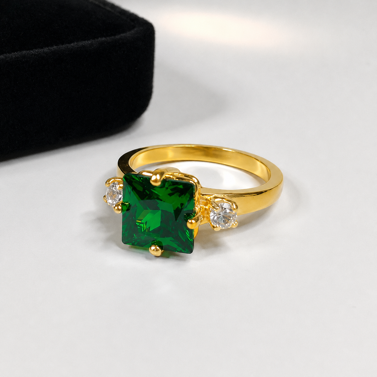 Princess Cut Simulated Emerald & White Sapphire Art Deco Ring