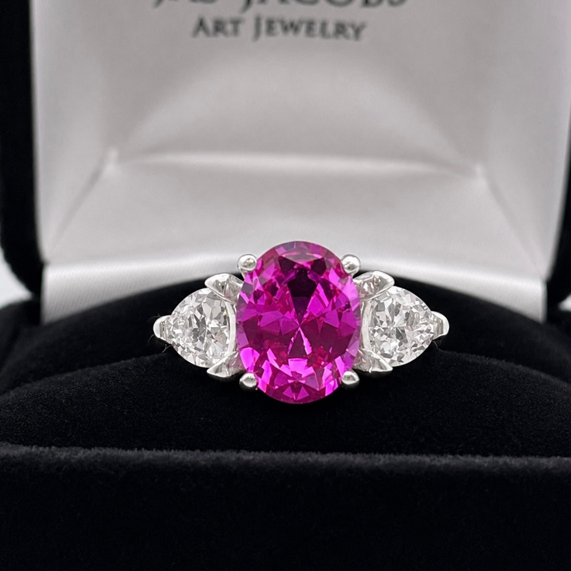 4ctw Bright Pink Sapphire Ring | White Sapphire Trillions | Three-Stone