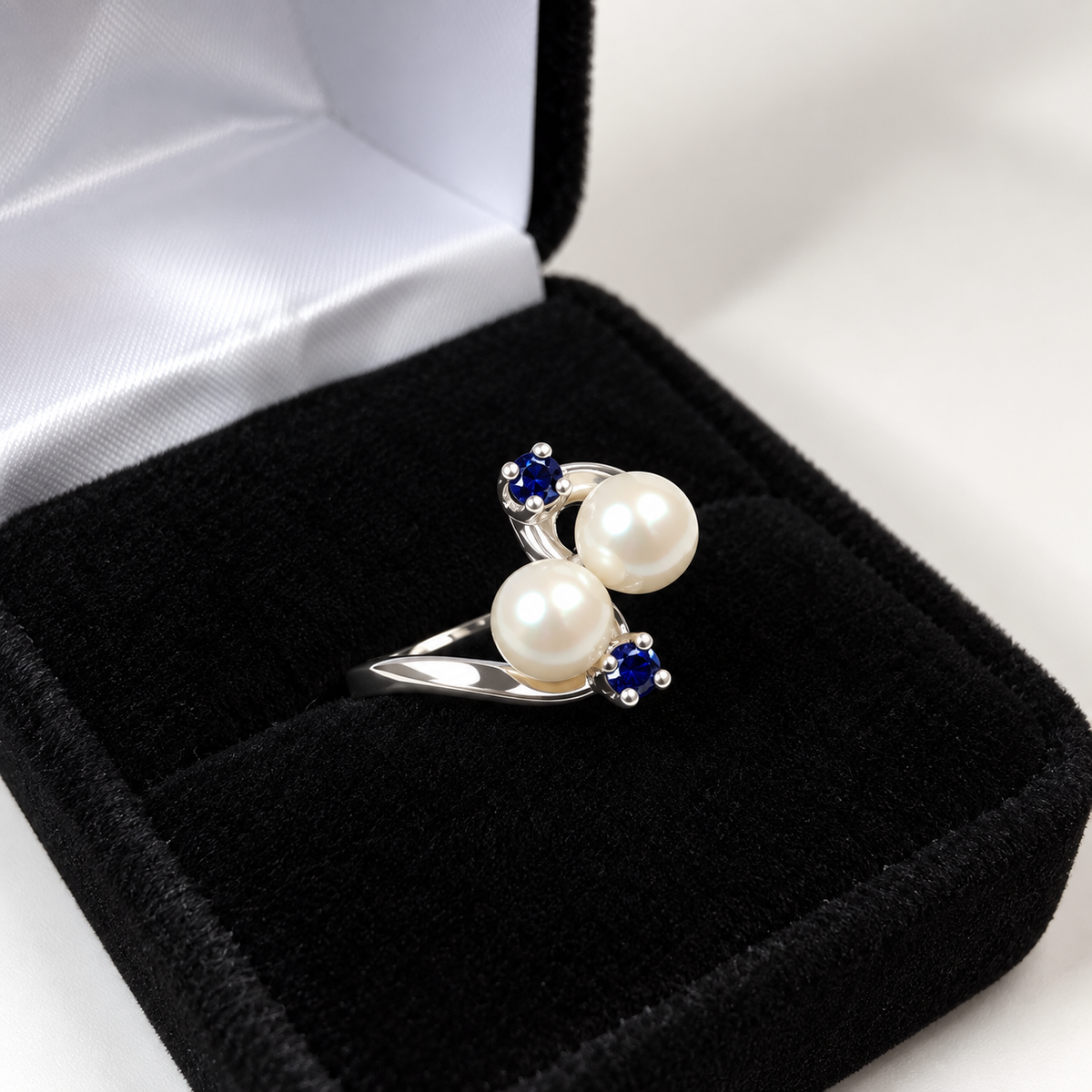 Twin Pearl & Blue Sapphire Ring