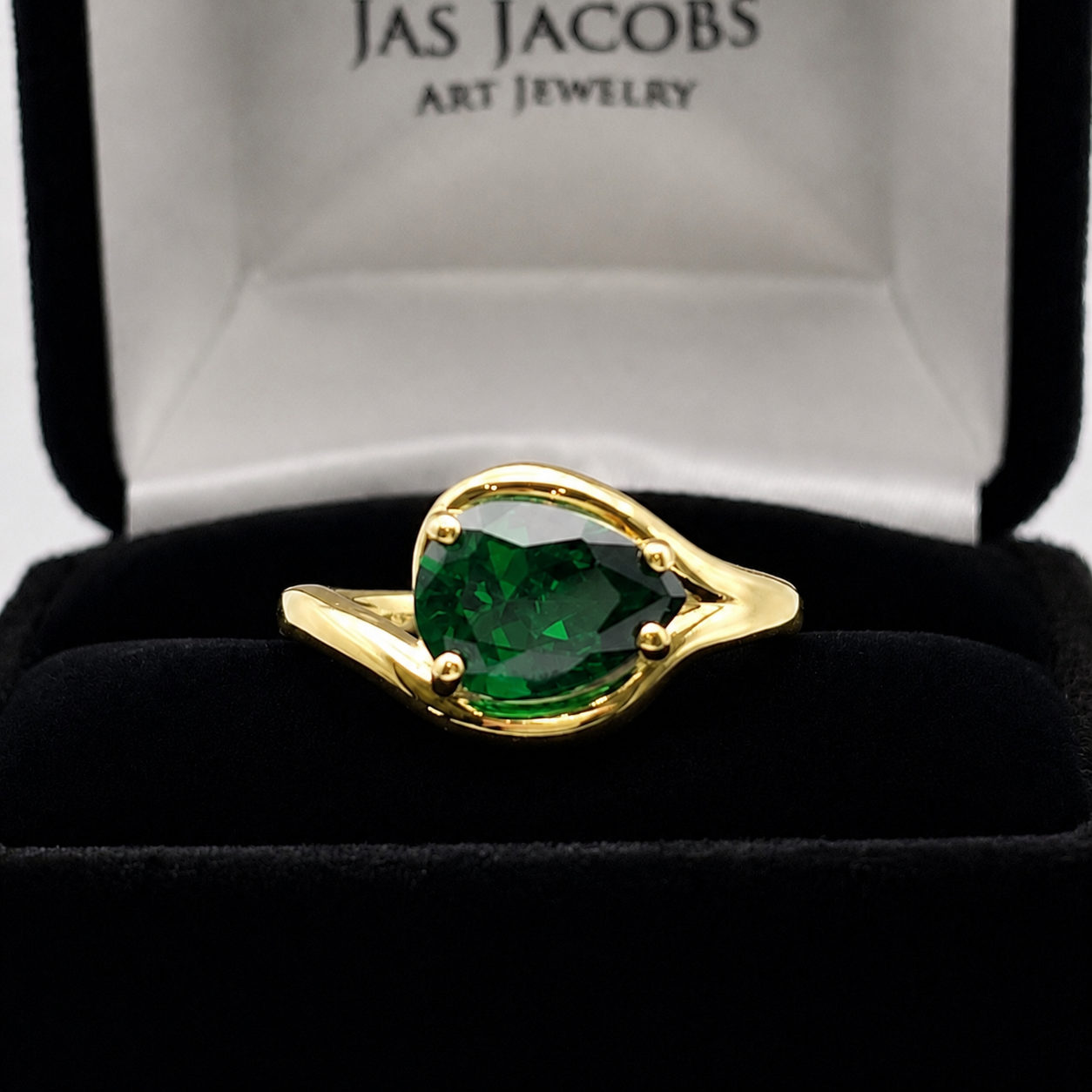 Pear Cut Emerald Ring in White Gold, Yellow Gold or Rose Gold | Side Set Emerald Solitaire Ring | Custom Made May Birthstone Ring