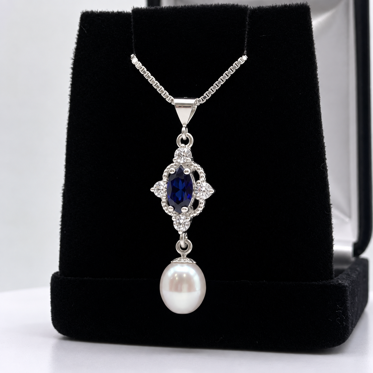 Pearl & Marquise Blue Sapphire Vintage Inspired Necklace