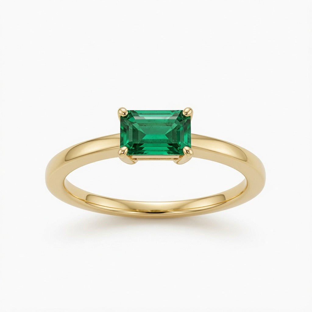 14K Yellow Gold 6x4mm Emerald Cut Emerald Ring – East-West Stackable Solitaire Ring | Minimalist May Birthstone Ring