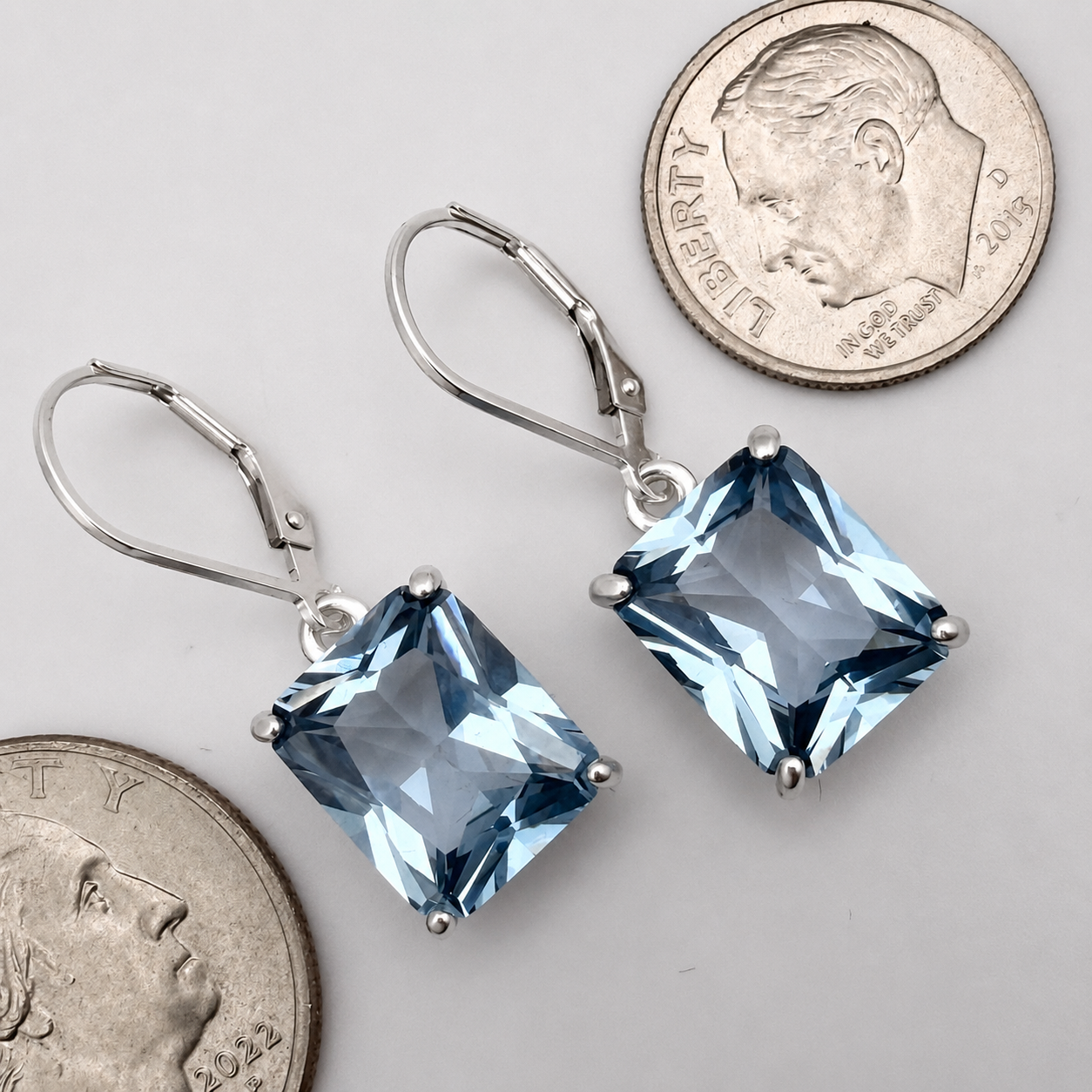 12ctw Emerald Cut Blue Spinel Earrings | Statement Dangle Earrings | Blue Gemstone Leverback Earrings