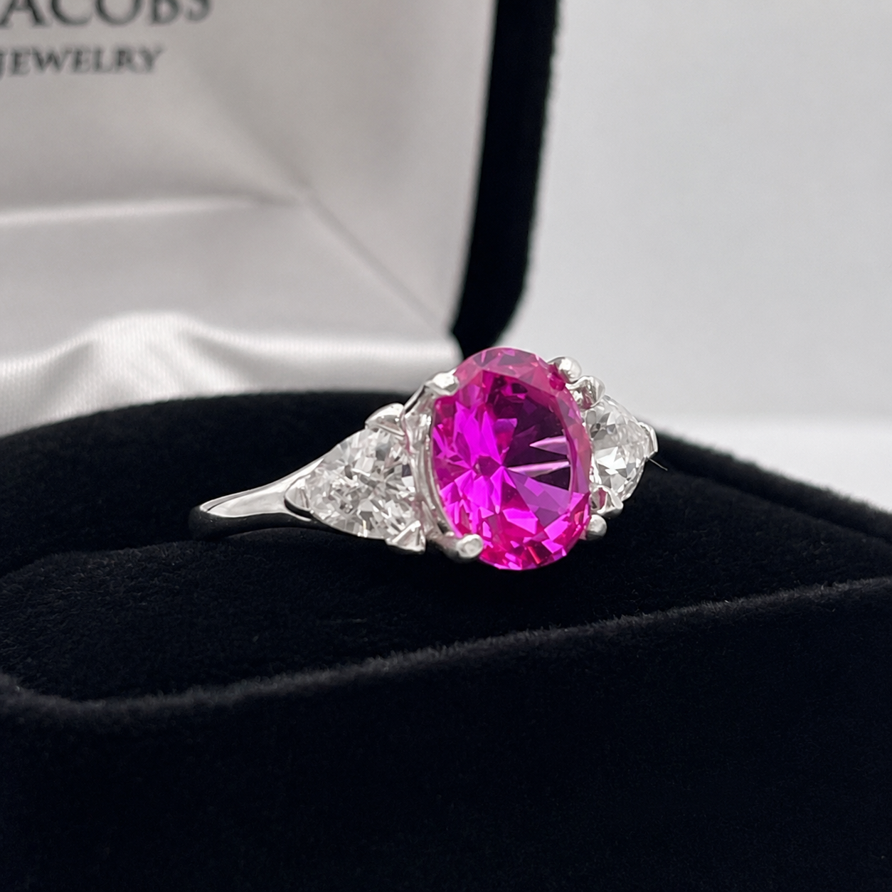 4ctw Bright Pink Sapphire Ring | White Sapphire Trillions | Three-Stone