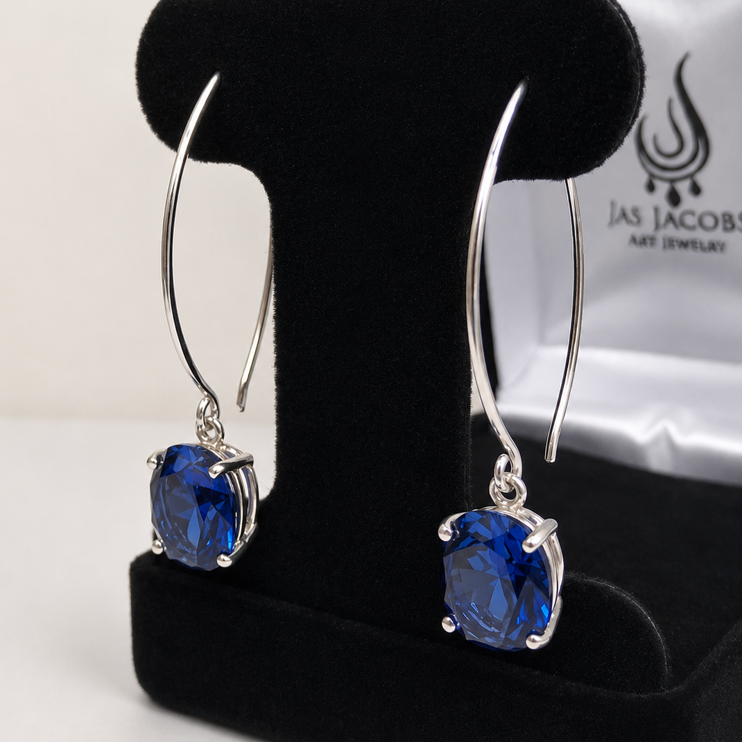 10 CTW Oval Blue Sapphire Drop Earrings | 2 Inch Sterling Silver, Statement Earrings
