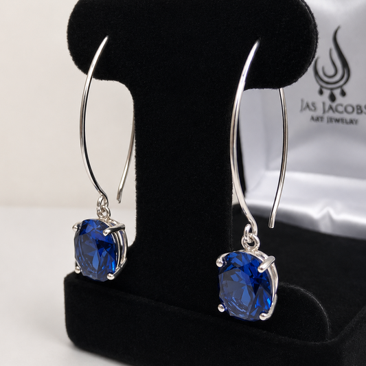 10 CTW Oval Blue Sapphire Drop Earrings | 2 Inch Sterling Silver, Statement Earrings