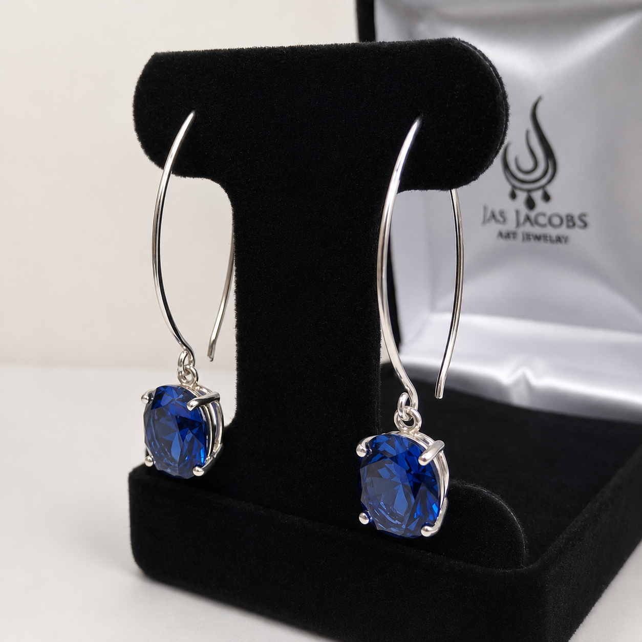 10 CTW Oval Blue Sapphire Drop Earrings | 2 Inch Sterling Silver, Statement Earrings