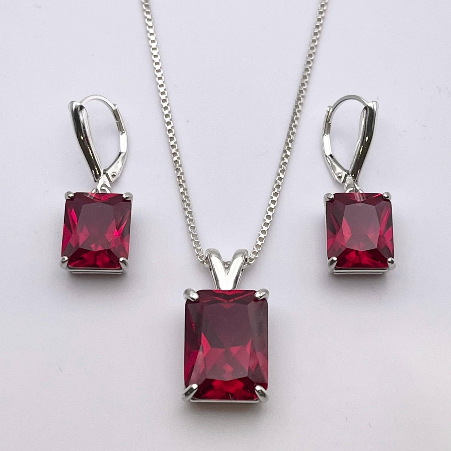 Gorgeous 27ctw Emerald Cut Ruby Necklace & Earrings Set in Sterling Silver