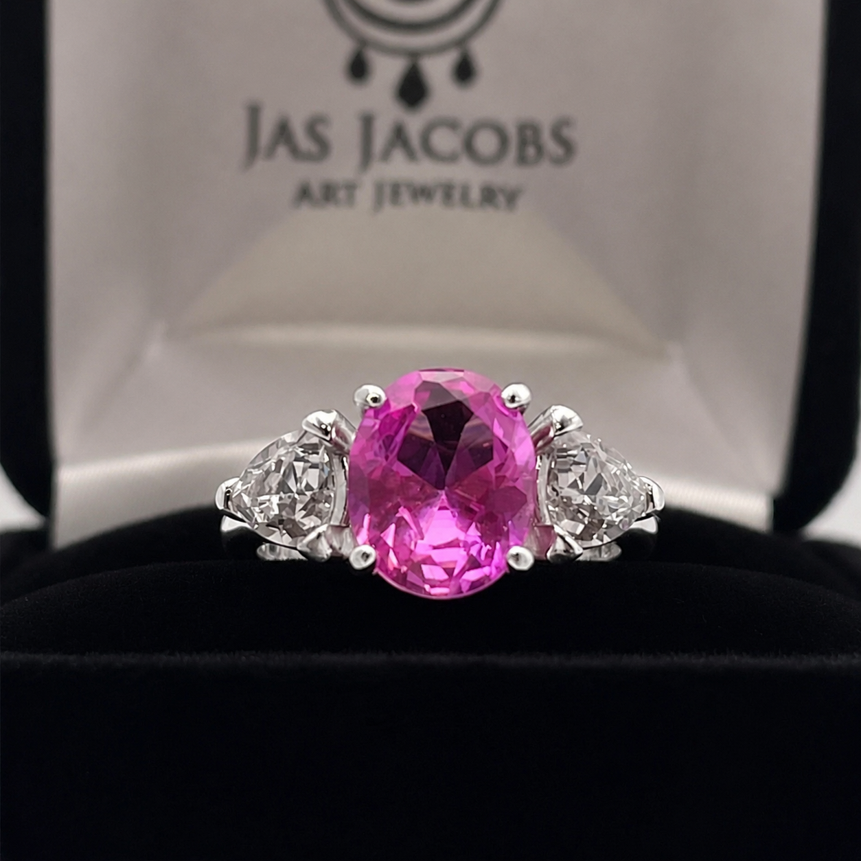 Vivid Pink Sapphire & White Sapphire Three-Stone Ring
