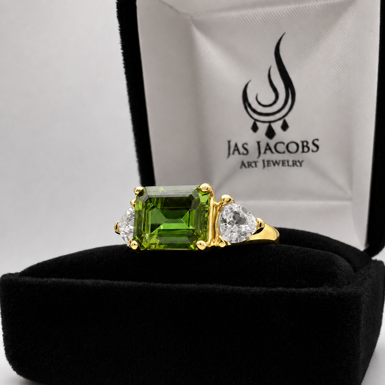 Emerald Cut Peridot & Trillion White Sapphire Art Deco Ring
