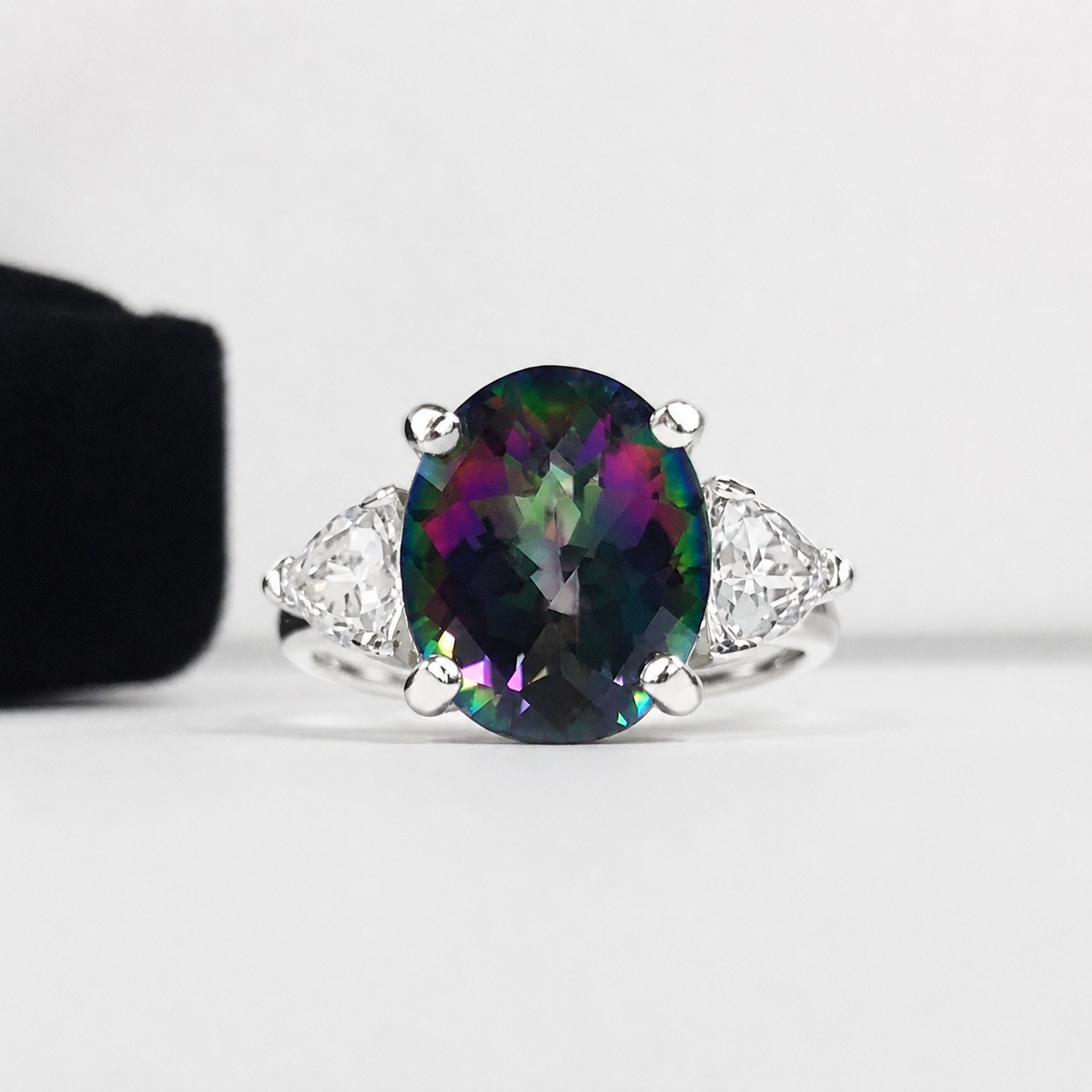 6ctw Rainbow Mystic Topaz Ring | White Sapphire Trillions | Three Stone Ring
