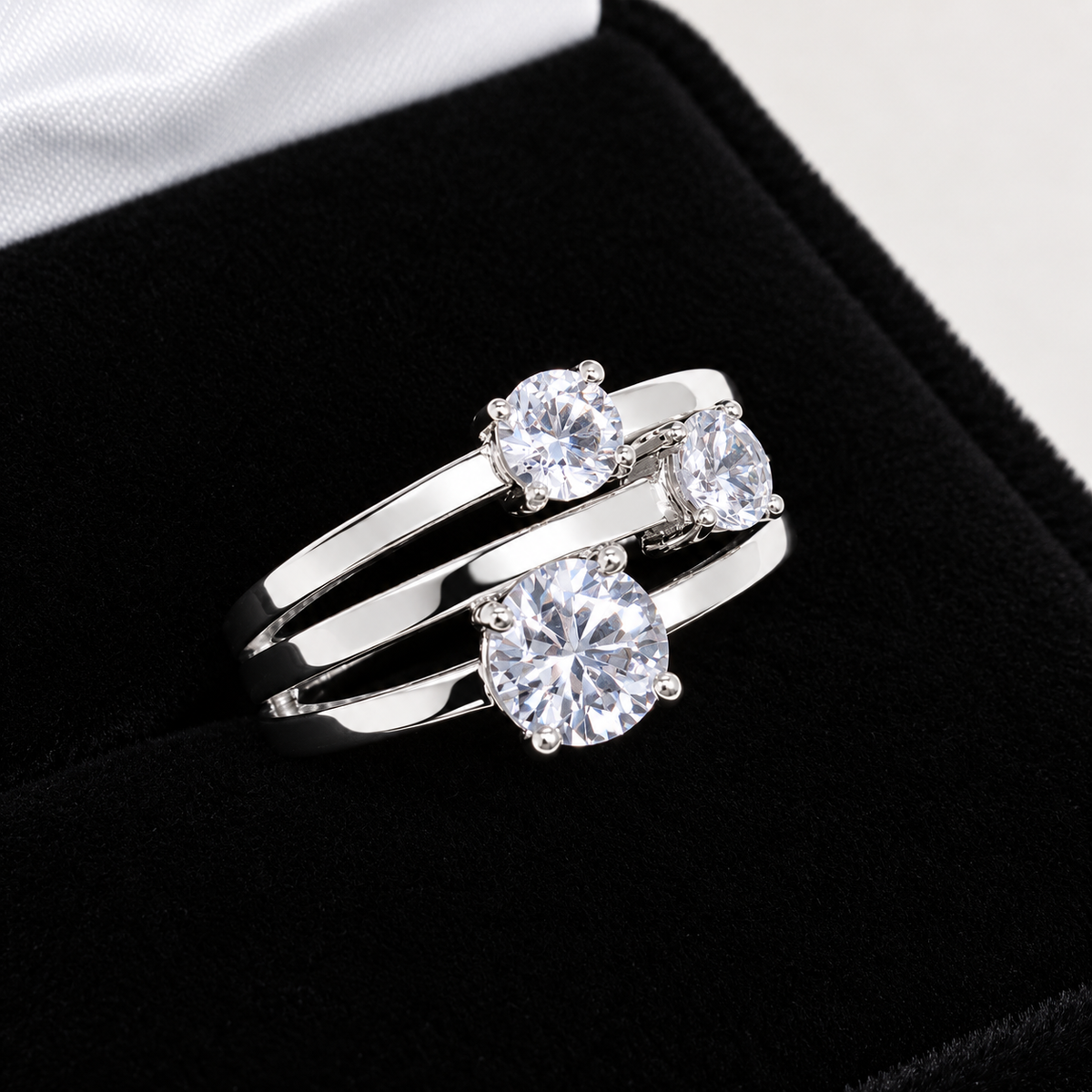 2ct Three Stone White Sapphire Triple Split Shank Ring
