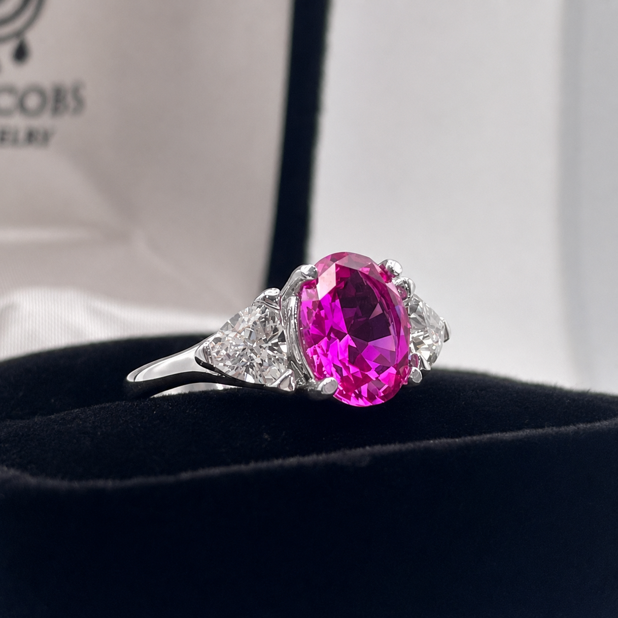 4ctw Bright Pink Sapphire Ring | White Sapphire Trillions | Three-Stone