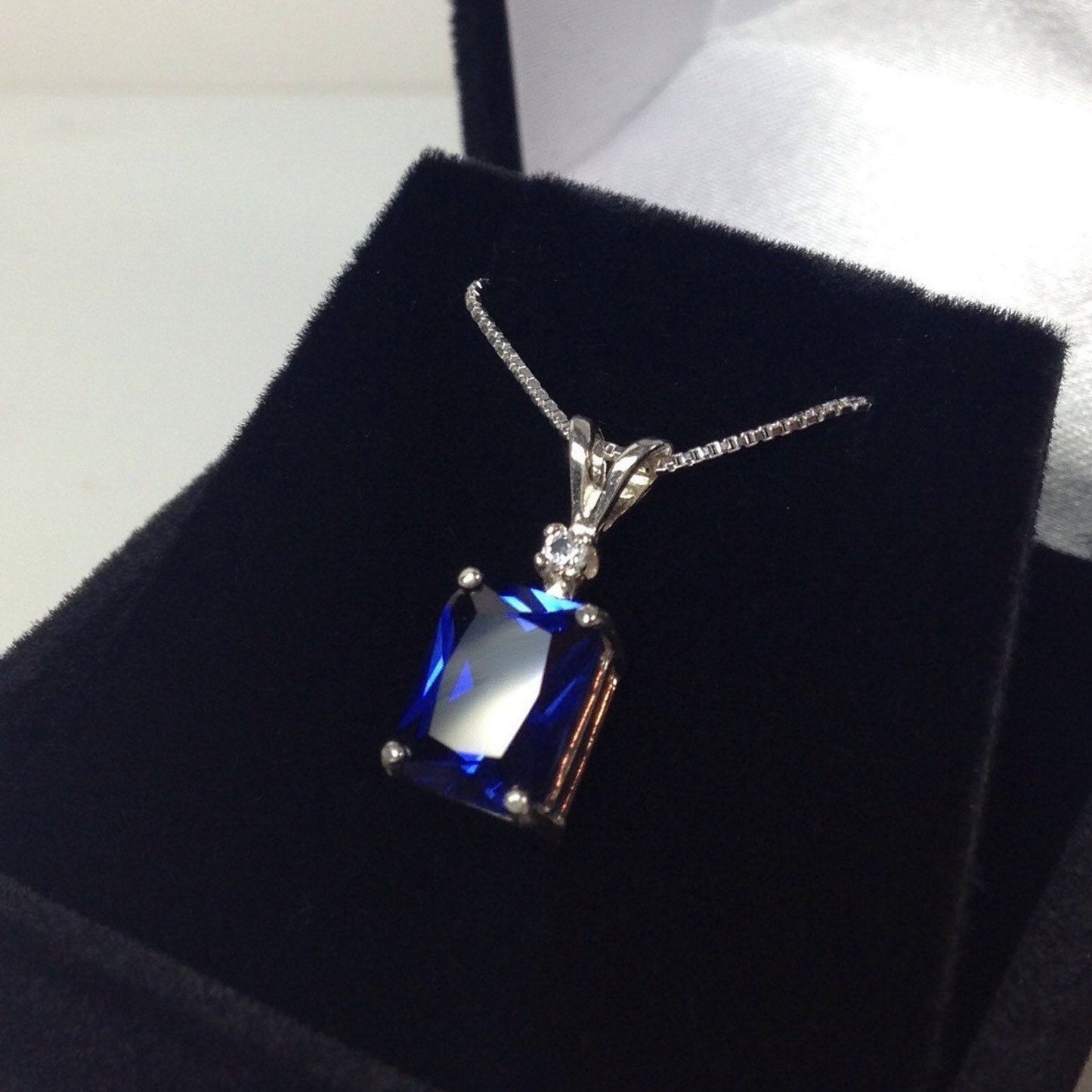 Gorgeous 4ct Emerald Cut Sapphire Pendant Necklace Blue & White Sapphire Accents jewelry trends Gift Bridal September