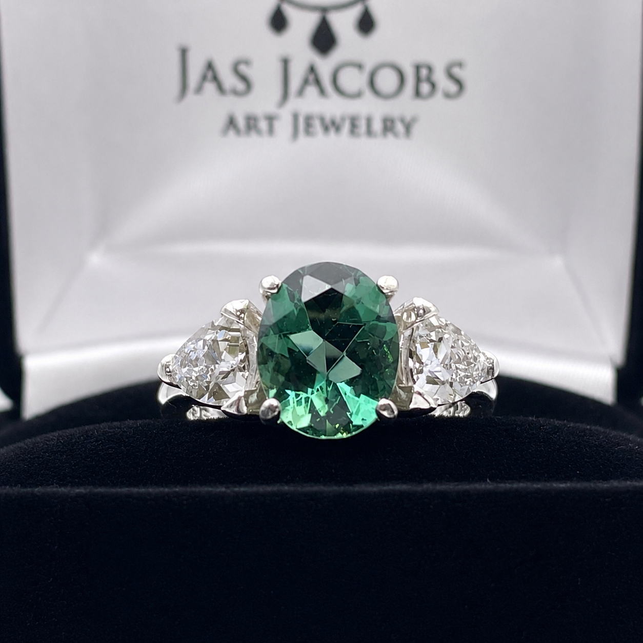 4ctw Oval Cut Green Quartz Ring & Trillion Cut White Sapphire